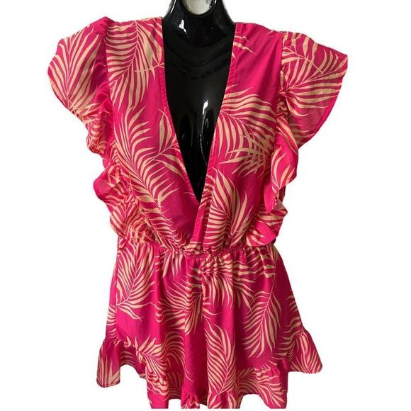 Women’s Pink Palm Leaf Print Deep V-Neck Flutter Sleeve Romper- Size Small - Picture 2 of 16